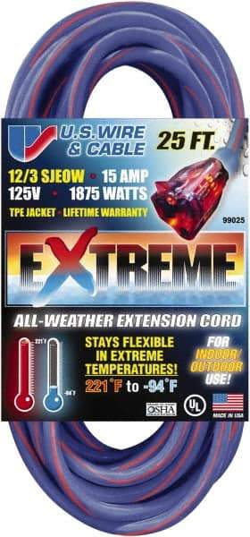 Value Collection - 25', 12/3 Gauge/Conductors, Blue/Pink Indoor & Outdoor Extension Cord - 1 Receptacle, 15 Amps, 125 Volts, UL SJEOW, NEMA 5-15P - Americas Industrial Supply
