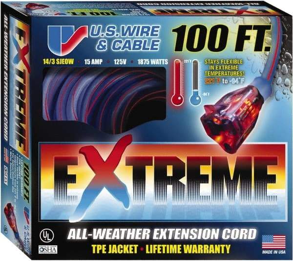 Value Collection - 100', 14/3 Gauge/Conductors, Blue/Pink Indoor & Outdoor Extension Cord - 1 Receptacle, 13 Amps, 125 Volts, UL SJEOW, NEMA 5-15P - Americas Industrial Supply