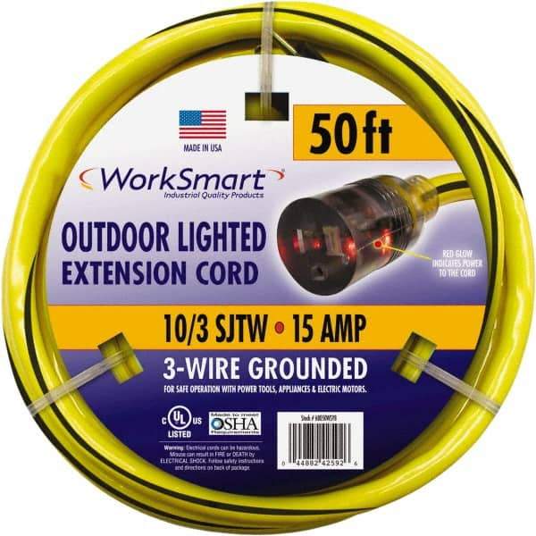 Value Collection - 50', 10/3 Gauge/Conductors, Yellow/Black Outdoor Extension Cord - 1 Receptacle, 15 Amps, UL SJTW, NEMA 5-15P - Americas Industrial Supply