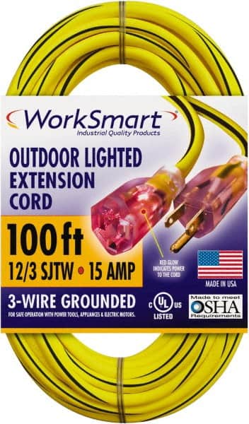 Value Collection - 100', 12/3 Gauge/Conductors, Yellow/Black Outdoor Extension Cord - 1 Receptacle, 15 Amps, UL SJTW, NEMA 5-15P - Americas Industrial Supply