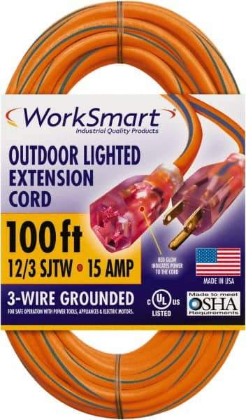 Value Collection - 100', 12/3 Gauge/Conductors, Orange/Blue Outdoor Extension Cord - 1 Receptacle, 15 Amps, UL SJTW, NEMA 5-15P - Americas Industrial Supply
