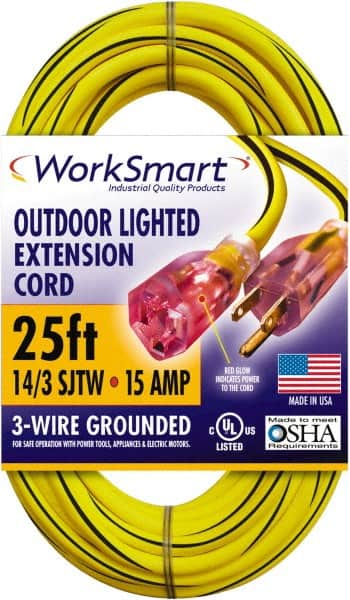 Value Collection - 25', 14/3 Gauge/Conductors, Yellow/Black Outdoor Extension Cord - 1 Receptacle, 15 Amps, UL SJTW, NEMA 5-15P - Americas Industrial Supply
