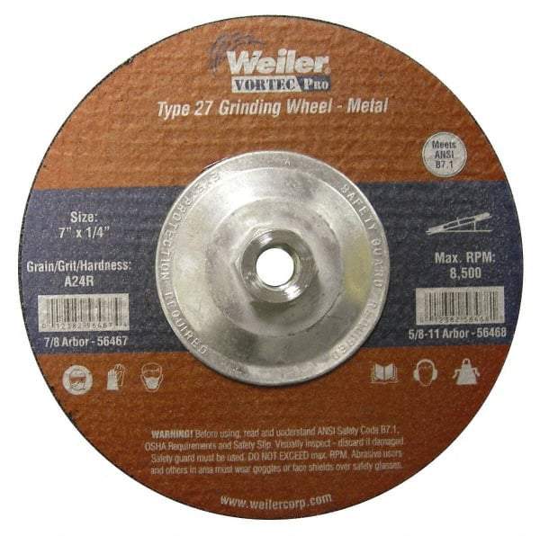 Weiler - 24 Grit, 7" Wheel Diam, 1/4" Wheel Thickness, Type 27 Depressed Center Wheel - Very Coarse Grade, Aluminum Oxide, Resinoid Bond, R Hardness, 8,500 Max RPM - Americas Industrial Supply