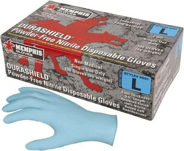 MCR Safety - Size 3XL, 4 mil, Industrial Grade, Powder Free Nitrile Disposable Gloves - 9-1/2" Long, Blue, Textured Rolled Cuffs, FDA Approved, Ambidextrous - Americas Industrial Supply