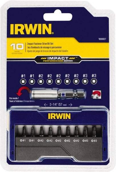 Irwin - 10 Piece, Screwdriver Insert Bit Set - #1 to #3 Square Recess - Americas Industrial Supply