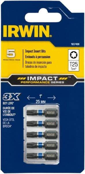 Irwin - 1/4" Drive T25 Torx Screwdriver Bit - 1" OAL, Insert Bit - Americas Industrial Supply