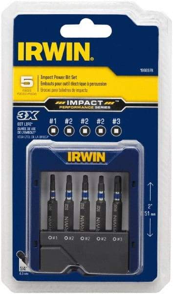 Irwin - 5 Piece, Screwdriver Power Bit Set - #1 to #3 Square Recess - Americas Industrial Supply