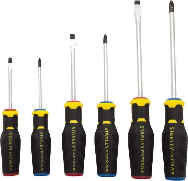 Stanley - 6 Piece Slotted & Phillips Screwdriver Set - Ergonomic & Bi-material Handle, Blade Sizes: Length 3 to 6, Width 3/16, 1/4 & 5/16, Bit Sizes: Philips #1 to #3 - Americas Industrial Supply
