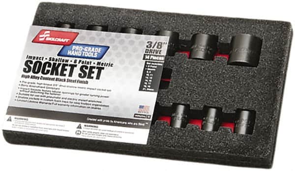 Ability One - 14 Piece 3/8" Drive Impact Socket Set - 6 Points, 8mm to 24mm Range, Inch Measurement Standard - Americas Industrial Supply