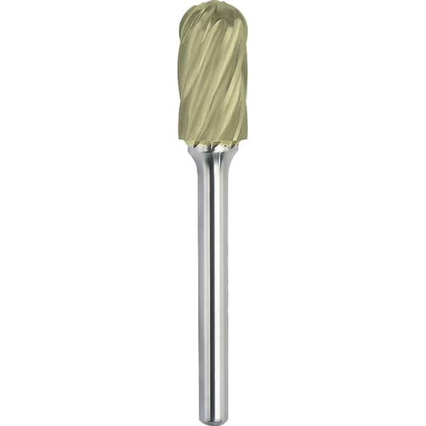Made in USA - 1" Cut Diam, 1/4" Shank Diam, Cylinder with Radius Head Aluma Cut Burr - Carbide, 1" LOC, 2-3/4" OAL - Americas Industrial Supply