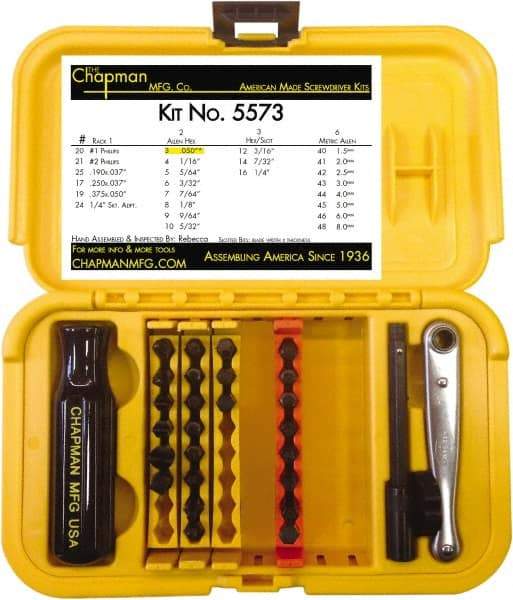 Chapman - 29 Piece, 1/4" Drive Screwdriver Bit Set - #1 & #2 Phillips, 0.05 to 1/4" Hex - Americas Industrial Supply