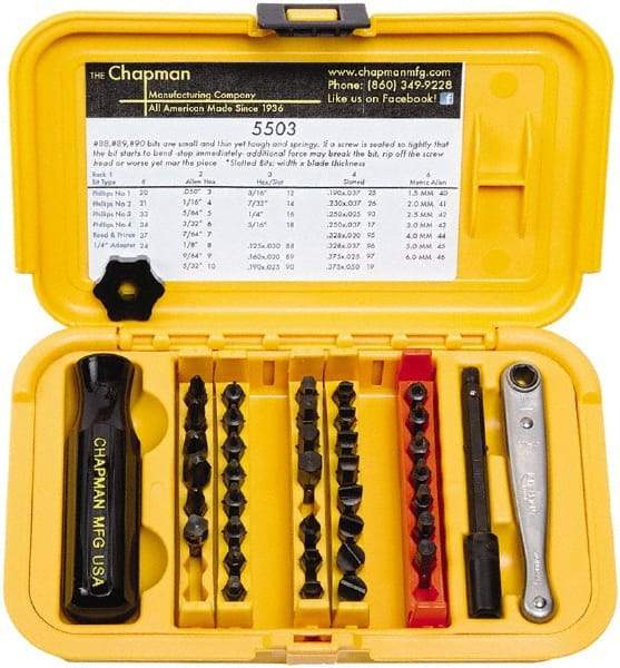 Chapman - 40 Piece, 1/4" Drive Screwdriver Bit Set - #1 to #4 Phillips, 0.05 to 5/16" Hex - Americas Industrial Supply