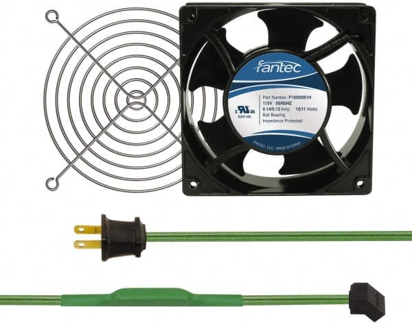 Made in USA - 115 Volts, AC, 80 CFM, Square Tube Axial Fan Kit - 0.18 Amp Rating, 120mm High x 120mm Wide x 38.5mm Deep, Includes Fan, Fan Guard, Thermostatically Controlled Fan Cord - Americas Industrial Supply
