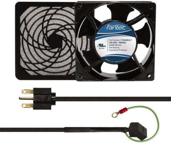 Made in USA - 230 Volts, AC, 80 CFM, Square Tube Axial Fan Kit - 0.07/0.06 Amp Rating, 120mm High x 120mm Wide x 38.5mm Deep, Includes Fan, Fan Guard, Fan Cord - Americas Industrial Supply