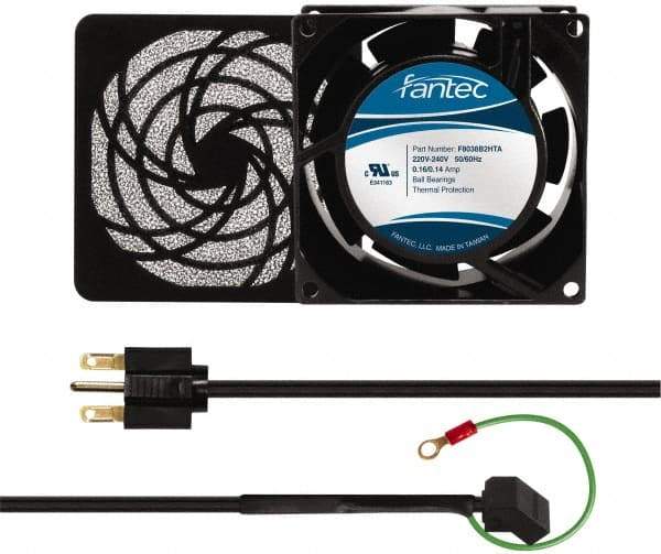 Made in USA - 230 Volts, AC, 32 CFM, Square Tube Axial Fan Kit - 0.06/0.05 Amp Rating, 3.15" High x 3" Wide x 38.5mm Deep, Includes Fan, Fan Guard, Fan Cord - Americas Industrial Supply