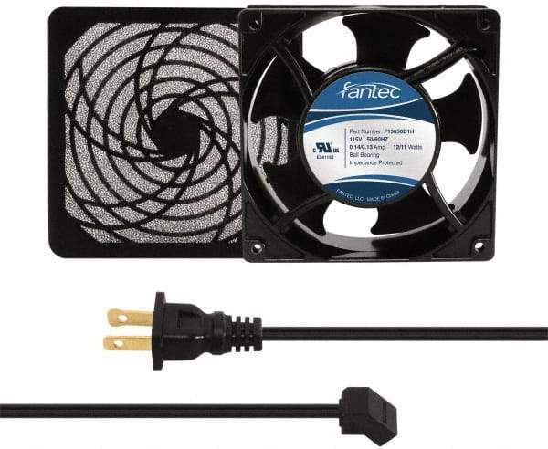 Made in USA - 115 Volts, AC, 103 CFM, Square Tube Axial Fan Kit - 0.26 Amp Rating, 120mm High x 120mm Wide x 38.5mm Deep, Includes Fan, Fan Filter, Fan Cord - Americas Industrial Supply