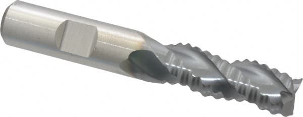 Niagara Cutter - 1/2" Diam, Coarse Pitch, 1-1/4" LOC, 3 Flute Cobalt Roughing Square End Mill - TiCN Finish, 3-1/4" OAL, 1/2" Shank Diam, Single End, Centercutting, 36° Helix - Americas Industrial Supply