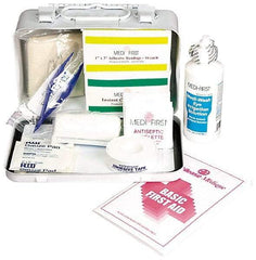 Medique - 52 Piece, 5 Person, Multipurpose/Auto/Travel First Aid Kit - 7-3/4" Wide x 2-3/4" Deep x 4-3/4" High, Metal Case - Americas Industrial Supply