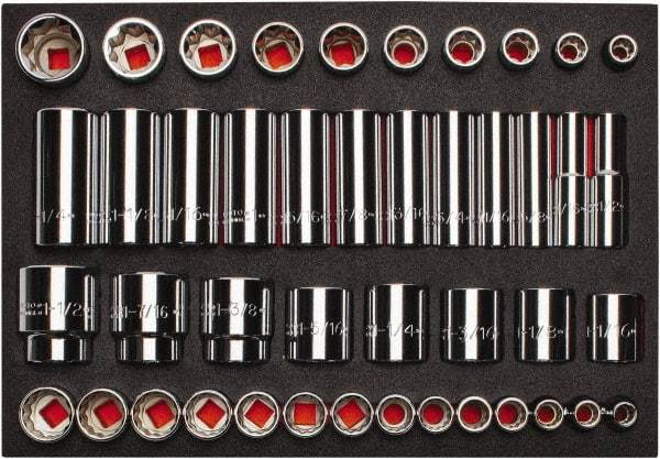 Proto - 65 Piece 1/2" Drive Chrome Finish Deep Well Socket Set - 8, 12 Points, 3/8" to 1-1/2" Range, Inch Measurement Standard - Americas Industrial Supply