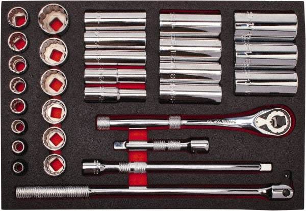 Proto - 30 Piece 1/2" Drive Chrome Finish Deep Well Socket Set - 12 Points, 3/8" to 1-1/4" Range, Inch Measurement Standard - Americas Industrial Supply