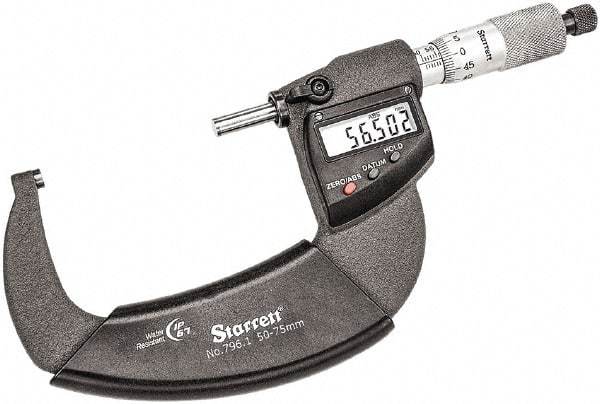 Starrett - 50 to 75mm Range, 0.001mm Graduation, Mechanical Outside Micrometer - Ratchet Thimble, 43mm Throat Depth, Accurate to 0.001mm - Americas Industrial Supply