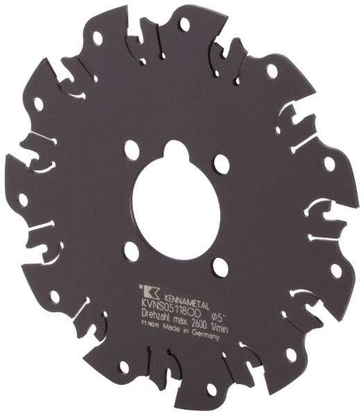 Kennametal - Arbor Hole Connection, 1/8" Cutting Width, 1-3/8" Depth of Cut, 5" Cutter Diam, 1-1/4" Hole Diam, 11 Tooth Indexable Slotting Cutter - KVNS Toolholder, OD 3118.. Insert - Americas Industrial Supply