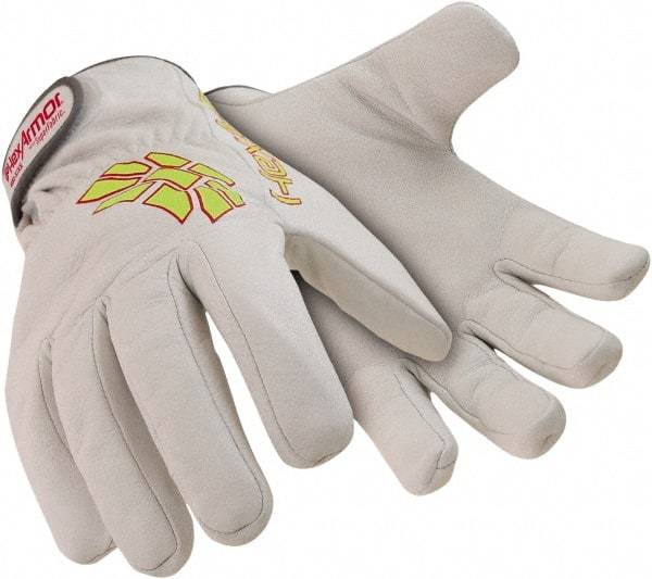 HexArmor - Size XL (10), ANSI Cut Lvl A8, Puncture Lvl 4, Goatskin Leather Cut & Puncture Resistant Gloves - 9.5" Long, SuperFabric Lining, Hook & Loop Cuff, White/Hi-Vis Yellow, Paired - Americas Industrial Supply