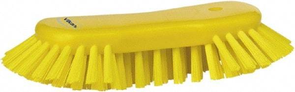 Vikan - 1.3" Bristle Length, Polyester Utility Scrub Brush - 7-3/4" Long x 3" Wide Head, 8" OAL, European Threaded Handle, Yellow, Polypropylene Block - Americas Industrial Supply