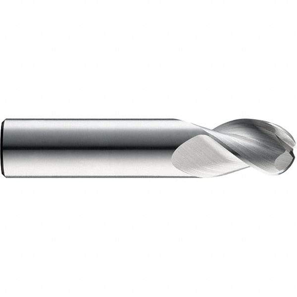 SGS - 3mm Diam, 5mm LOC, 3 Flute Solid Carbide Ball End Mill - TiB2 Finish, Single End, 57mm OAL, 3mm Shank Diam, Spiral Flute - Americas Industrial Supply