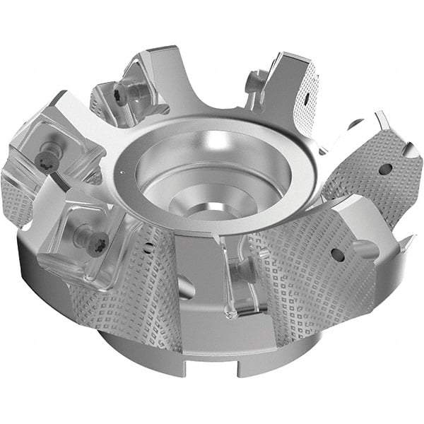 Seco - 100mm Cut Diam, 32mm Arbor Hole, 9mm Max Depth of Cut, 48° Indexable Chamfer & Angle Face Mill - 7 Inserts, 63 Insert, Right Hand Cut, 7 Flutes, Through Coolant, Series R220.54 - Americas Industrial Supply