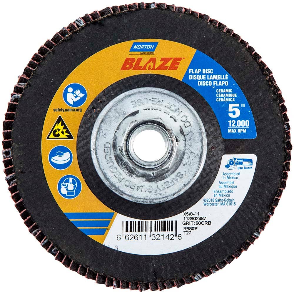 Norton - 5" 60 Grit 5/8-11 Center Hole Type 27 Ceramic Alumina Flap Disc - Americas Industrial Supply