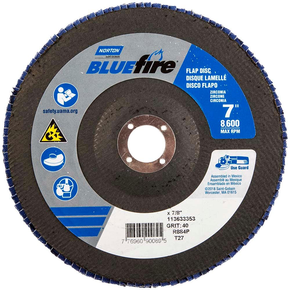Norton - 7" 40 Grit 7/8" Center Hole Type 27 Zirconia Alumina Flap Disc - Americas Industrial Supply