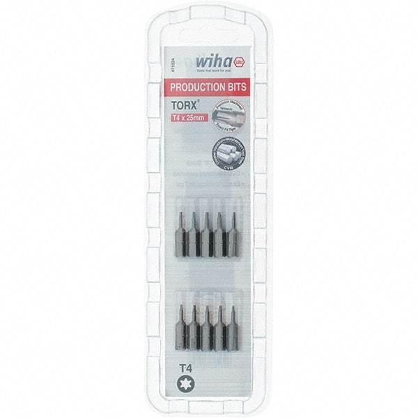 Wiha - 1/4" Drive T4 Torx Screwdriver Bit - 1" OAL, Insert Bit - Americas Industrial Supply