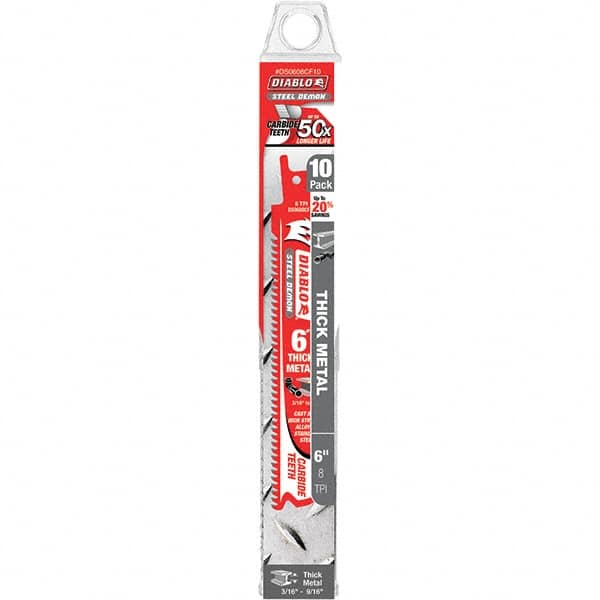 Freud - 6" Long x 1" Thick, Carbide Reciprocating Saw Blade - Straight Profile, 8 TPI, Toothed Edge, Tang Shank - Americas Industrial Supply
