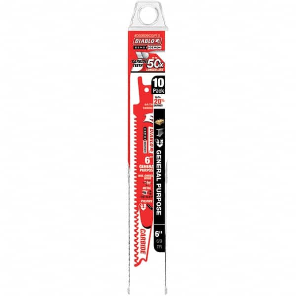 Freud - 6" Long x 1" Thick, Carbide Reciprocating Saw Blade - Tapered Profile, 9 TPI, Toothed Edge, Tang Shank - Americas Industrial Supply