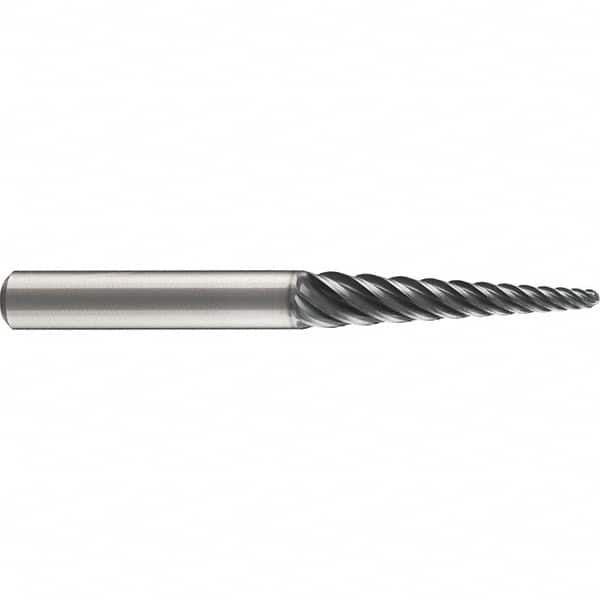 Emuge - 4° Taper Angle per Side, 2mm Small End Diam, 87mm LOC, Solid Carbide 6 Flute Tapered Ball End Mill - AlCr Finish, 150mm OAL, 16mm Shank Diam, Spiral Flute, 38° Helix - Americas Industrial Supply