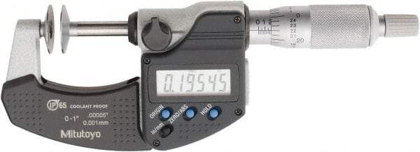 Mitutoyo - 0 to 1 Inch, Ratchet Stop Thimble, IP65 Water Resistance, Electronic Disc Micrometer - 0.0002 Inch Accuracy, 20mm Disc, 0.00005 Inch Resolution - Americas Industrial Supply