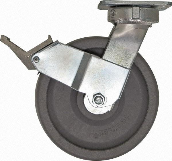 Caster Connection - 8" Diam x 2" Wide x 10-1/8" OAH Top Plate Mount Swivel Caster with Brake - Nylon, 2,000 Lb Capacity, Sealed Precision Ball Bearing, 4 x 4-1/2" Plate - Americas Industrial Supply