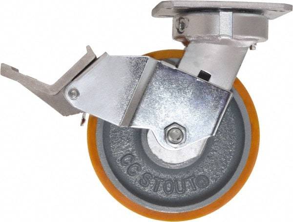Caster Connection - 6" Diam x 2" Wide x 7-1/2" OAH Top Plate Mount Swivel Caster with Brake - Polyurethane, 1,250 Lb Capacity, Sealed Precision Ball Bearing, 4 x 4-1/2" Plate - Americas Industrial Supply