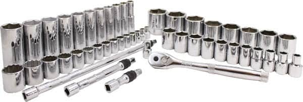 Proto - 50 Piece 3/8" & 1/2" Drive Chrome Finish Deep Well Socket Set - 6, 12 Points, 5/16" to 1-1/2" Range, Inch Measurement Standard - Americas Industrial Supply