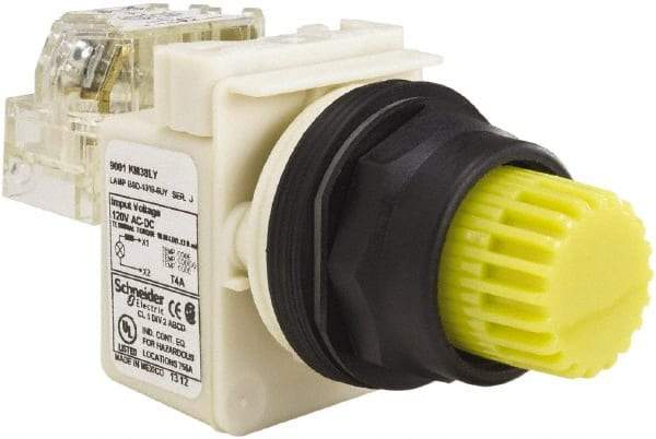 Schneider Electric - 30mm Mount Hole, Extended Straight, Pushbutton Switch with Contact Block - Yellow Pushbutton, Momentary (MO) - Americas Industrial Supply