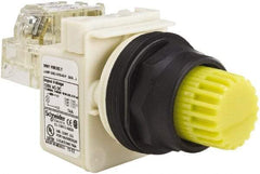 Schneider Electric - 30mm Mount Hole, Extended Straight, Pushbutton Switch with Contact Block - Yellow Pushbutton, Momentary (MO) - Americas Industrial Supply