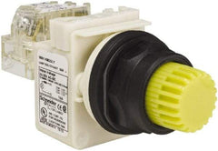 Schneider Electric - 1.22 Inch Mount Hole, Extended Straight, Pushbutton Switch with Contact Block - Round, Yellow Pushbutton, Illuminated, Momentary (MO), Anticorrosive, Dusttight, Oiltight, Watertight and Shock and Vibration Resistant - Americas Industrial Supply
