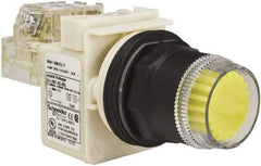 Schneider Electric - 30mm Mount Hole, Extended Straight, Pushbutton Switch with Contact Block - Yellow Pushbutton, Momentary (MO) - Americas Industrial Supply