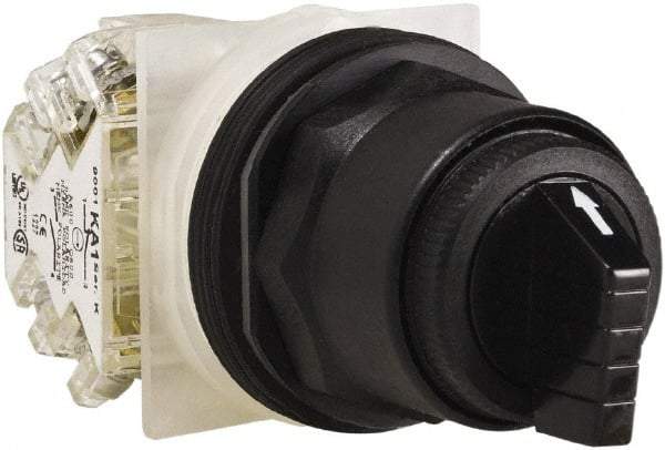 Schneider Electric - 1.18 Inch Mount Hole, 3 Position, Knob and Pushbutton Operated, Selector Switch - Black, Maintained (MA), Anticorrosive, Weatherproof, Dust and Oil Resistant - Americas Industrial Supply