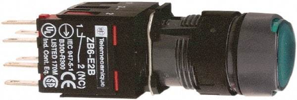 Schneider Electric - 16mm Mount Hole, Flush, Pushbutton Switch with Contact Block - Round, Green Pushbutton, Illuminated, Momentary (MO) - Americas Industrial Supply