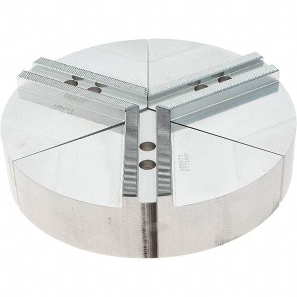 Abbott Workholding Products - 8" Max Chuck Capacity, 1.5mm x 60° Serrated Interface, Round Soft Lathe Chuck Jaw - 3 Jaw, Aluminum, 0.9843" Btw Mount Hole Ctrs, 10" Wide, 2" High, 12mm Fastener - Americas Industrial Supply