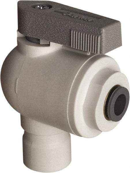 Parker - 1/4 x 3/8" Pipe, Full Port, Polypropylene Valve Elbow Union Ball Valve - Bi-Directional, Push-to-Connect x Push-to-Connect Ends, Wedge Handle, 150 WOG - Americas Industrial Supply