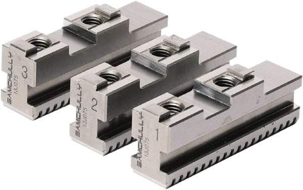 Samchully - 165mm Max Chuck Capacity, Tongue & Groove Interface, Square Soft Lathe Chuck Jaw - 3 Jaw, Steel, 32mm Btw Mount Hole Ctrs, 85mm Long, 20mm Wide, 40mm High, 8mm Groove, M8mm Fastener - Americas Industrial Supply