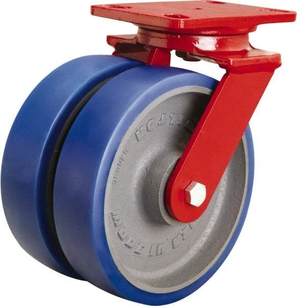 Hamilton - 8" Diam x 2" Wide x 9-3/4" OAH Top Plate Mount Swivel Caster - Polyurethane Mold onto Cast Iron Center, 2,400 Lb Capacity, Tapered Roller Bearing, 4-1/2 x 6-1/2" Plate - Americas Industrial Supply
